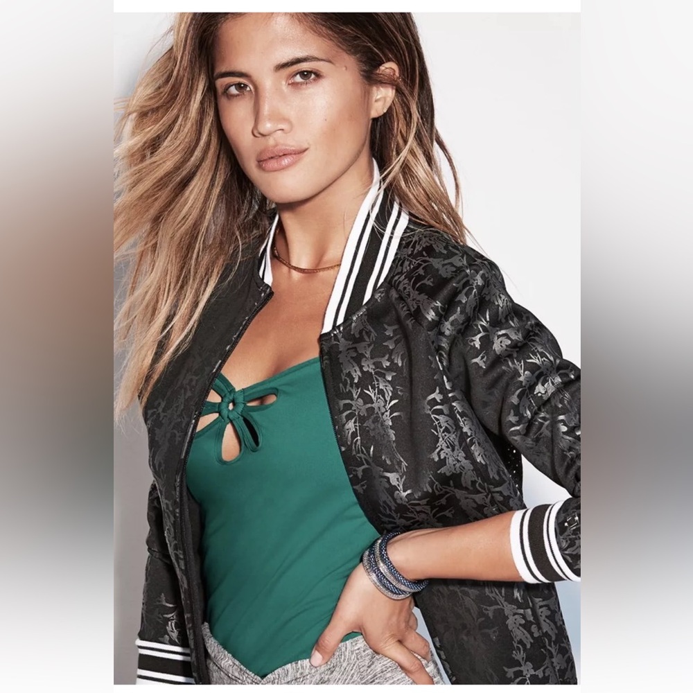 Fabletics Black Floral Semi-Cropped Tia Bomber Zip Jacket